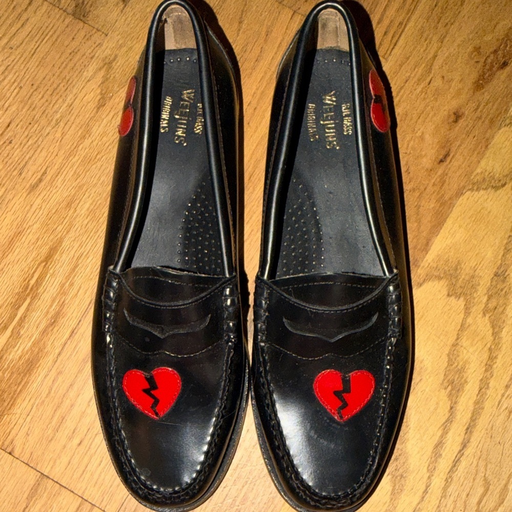 G.H. Bass & Co. Black Leather Penny Loafers with Red Broken-Heart Detail